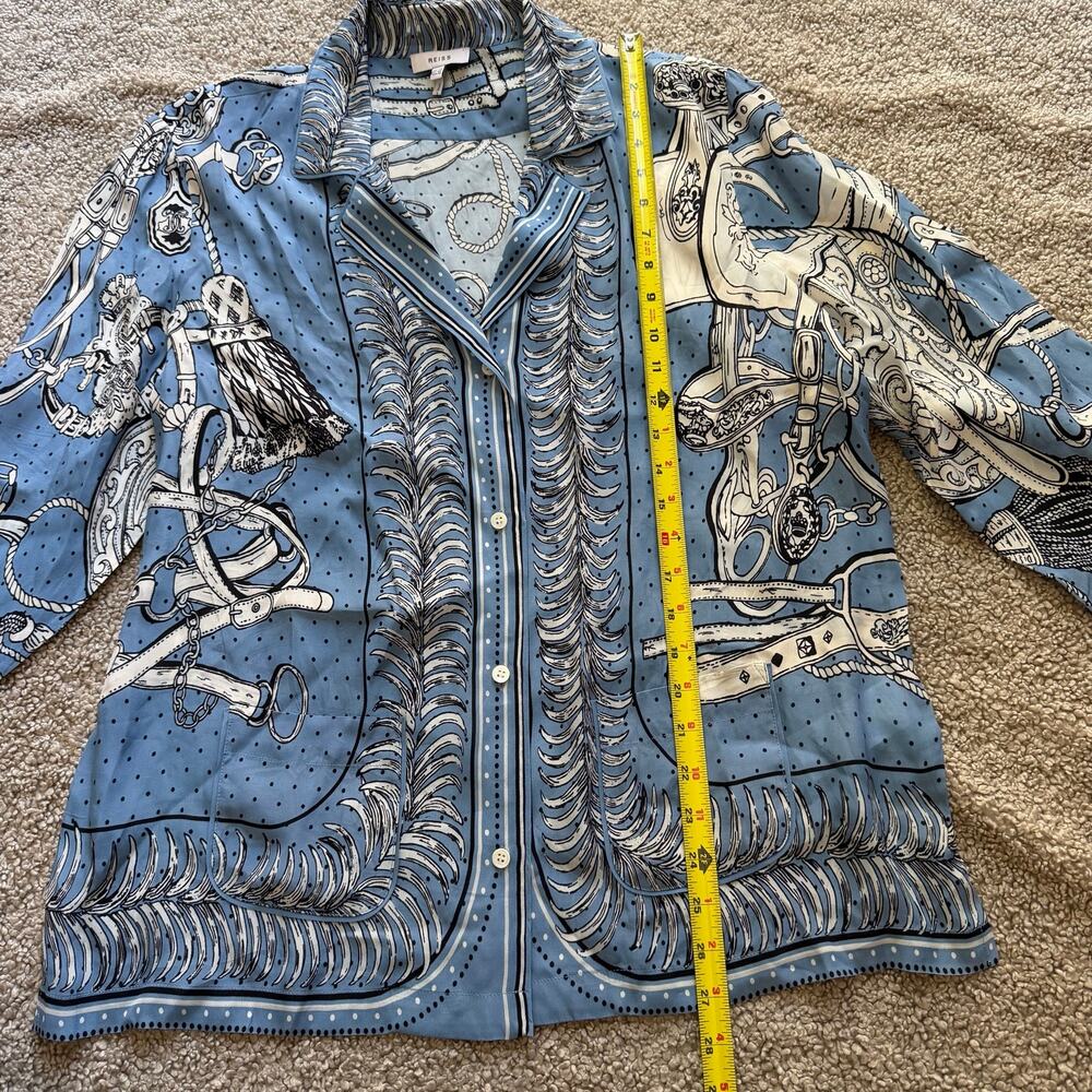 REISS Women’s Sally Printed Cuban Collar Blouse Blue Equestrian Sz US 10 ALTERED - Picture 8 of 10